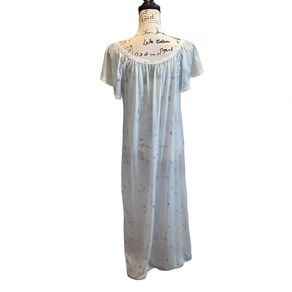 Vintage Miss Dira New York Sheer Nightgown Blue Floral Medium Lace trim Sexy - Picture 4 of 8